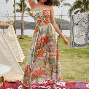 Patterned halter maxi dress